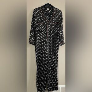 Mo Vint black satin jumpsuit pink floral print & contrast piping size XS small